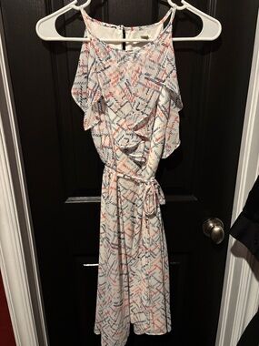 Cato Cream Midi Dress with Coral & Navy Leaf Motif